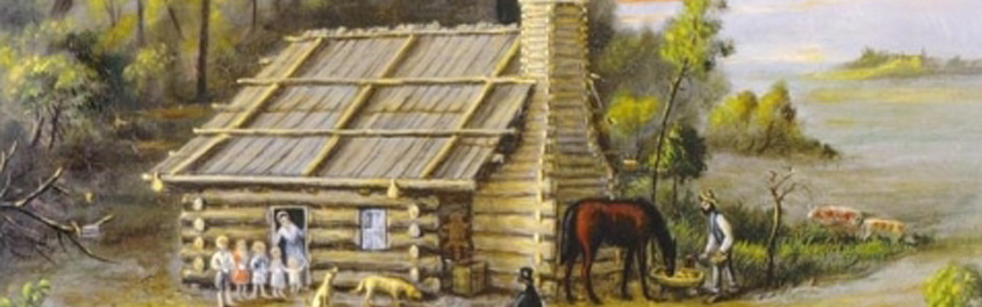 Painting of pioneer cabin with family and horse